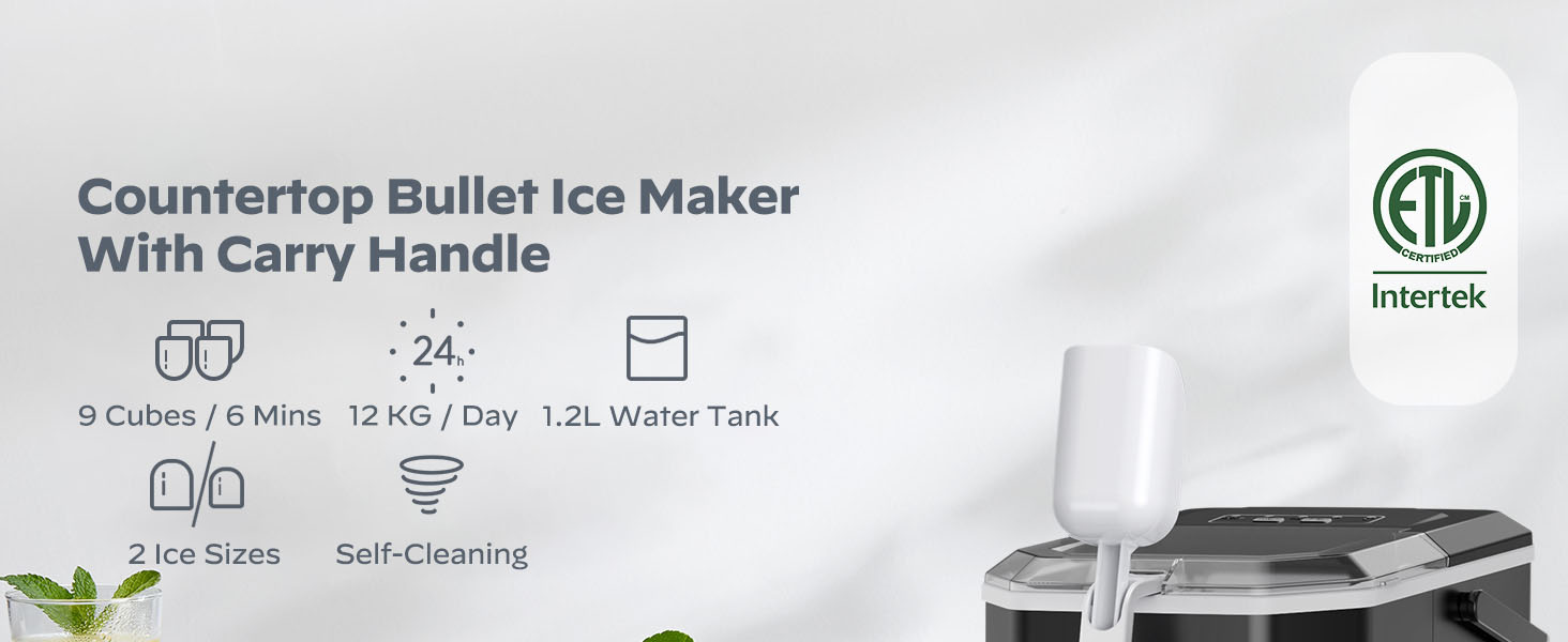 Countertop bullet ice maker with carry handle