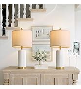 PoKat 21.5'' Stone-Like Bedside Table Lamps Set of 2 for Bedroom with 2 USB A+C, Modern Lamps for...