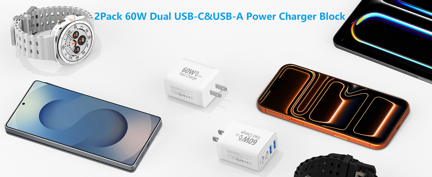 2Pack 60W 4Port USB C Wall Charger Block Dual PD+QC Power Type C Fast Charging Adapter USB-A Charge