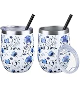 12 oz Insulated Wine Tumbler with Lid and Straw,Stainless Steel Stemless Wine Tumbler Glasses Dou...