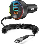 90W 4-Port Super Fast USB C Car Charger + 6FT Coiled Cable for iPhone 17/17 Pro Max Air/16/16e/15...