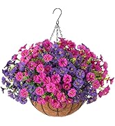 Artificial Faux Hanging Flowers Plants Basket for Spring Summer Outdoors Decoration, Silk Morning...