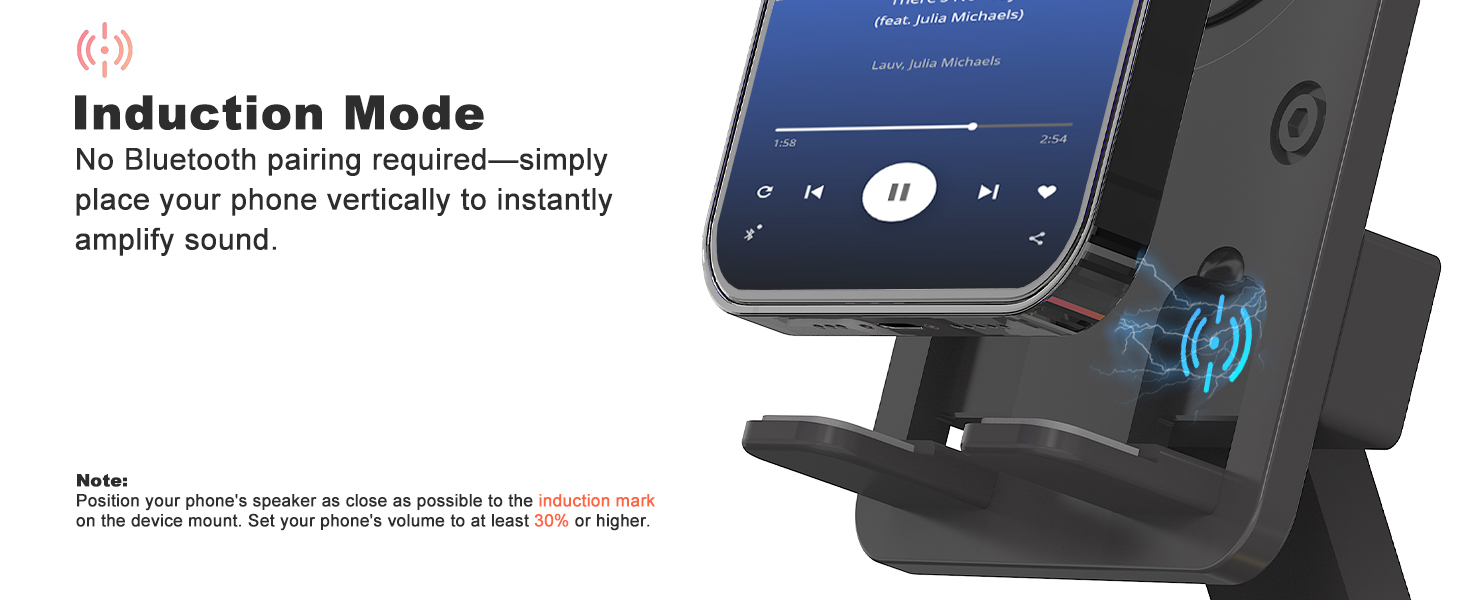 Wireless induction speaker for instant play, no bluetooth needed phone amplifier for easy use.