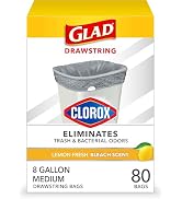 Glad Medium Drawstring Trash Bags with Clorox, 8 Gal, Lemon Fresh Bleach, 80 Ct (Package May Vary)