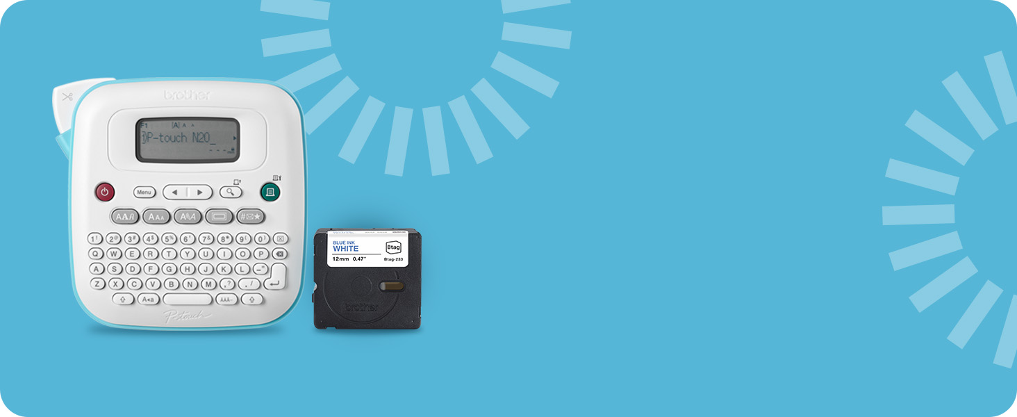 P-touch PT-N20 desktop label maker with included Btag 12mm wide black on light blue label tape