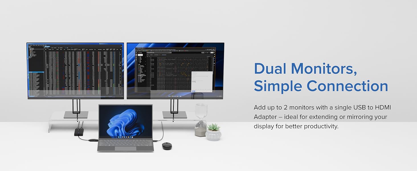 Workspace with two monitors linked using an HDMI to usb adapter