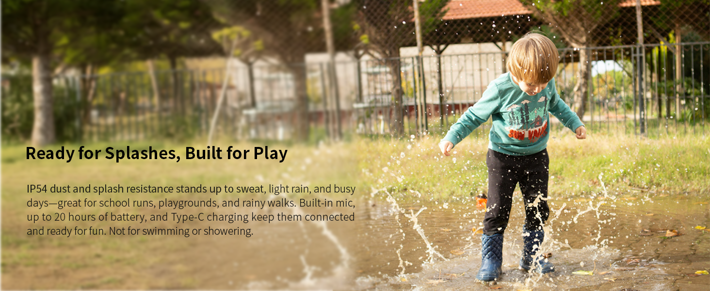 IP54 water-resistant kids headphones handle sweat, light rain, and playground splashes.