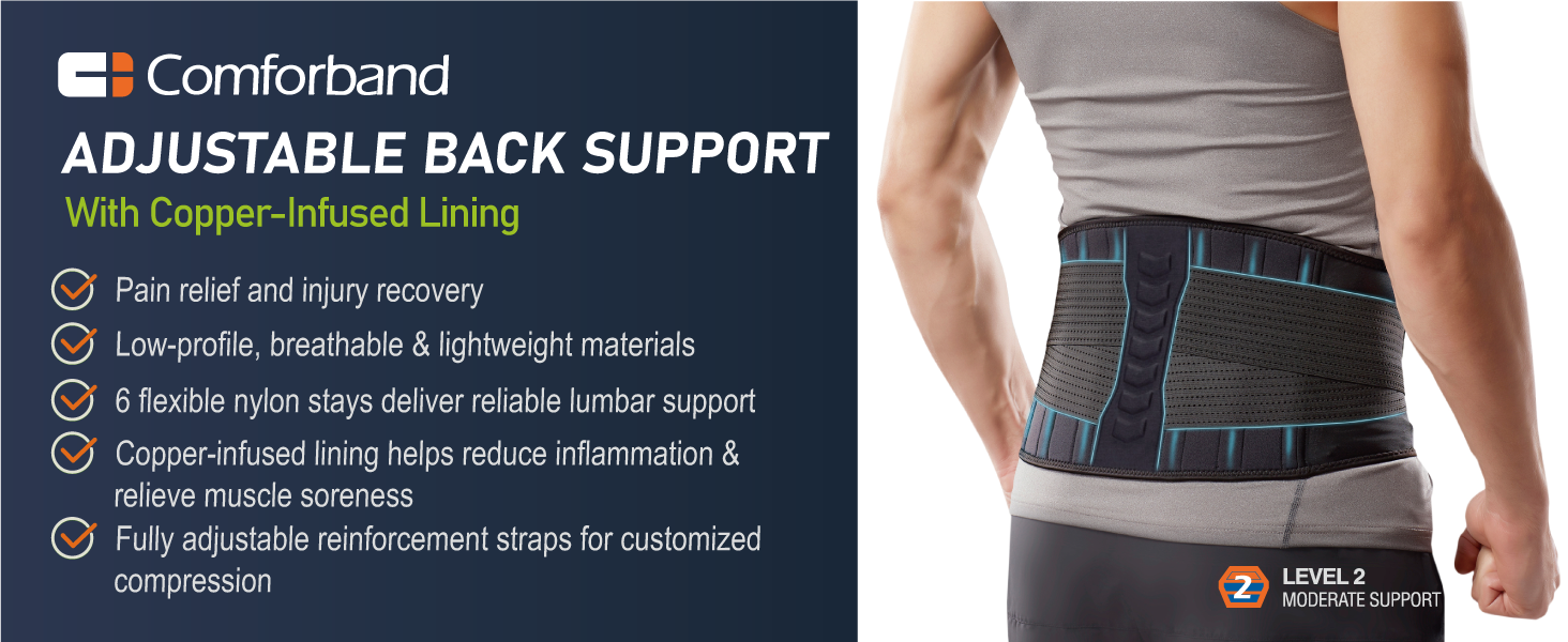 adjustable back support with copper infused fabric for pain relief and injury recovery breathable