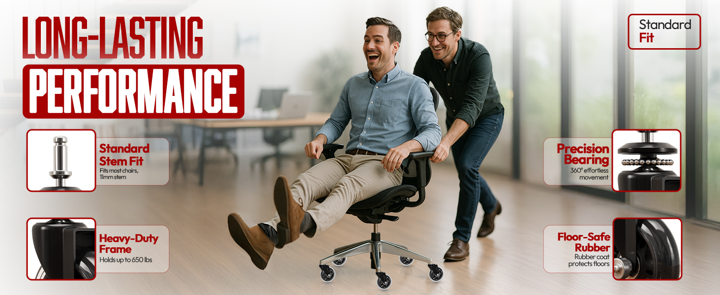 Rubber Chair Wheels, Standard Fit, Not for IKEA, Heavy-Duty