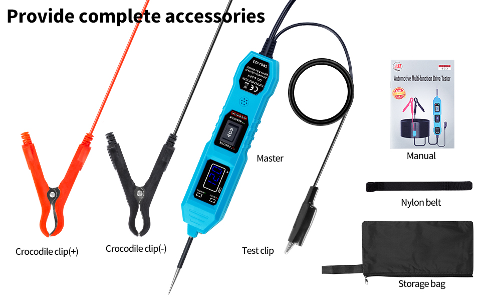 12v test light package contains tester, accessories, instruction manual and a storage bag