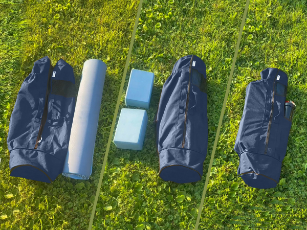 Fits long yoga mats (31 x 6 x 6 in) in the expanded main opening and yoga blocks in the pocket.