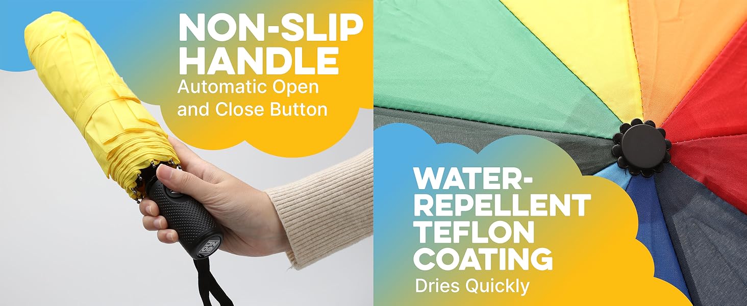 Text reads 'NON-SLIP TEFLON', 'WATER-REPELLENT'. Close-up product shot of scissors with colored handles against colorful background.