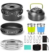 Odoland 15pcs Camping Cookware Mess Kit, Non-Stick Lightweight Pot Pan Kettle Set with Stainless ...