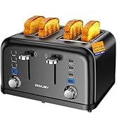 RAMJOY Black Toaster 4 Slice, Dual Independent Controls, Extra Wide Slot Toasters for Bagel, Brea...