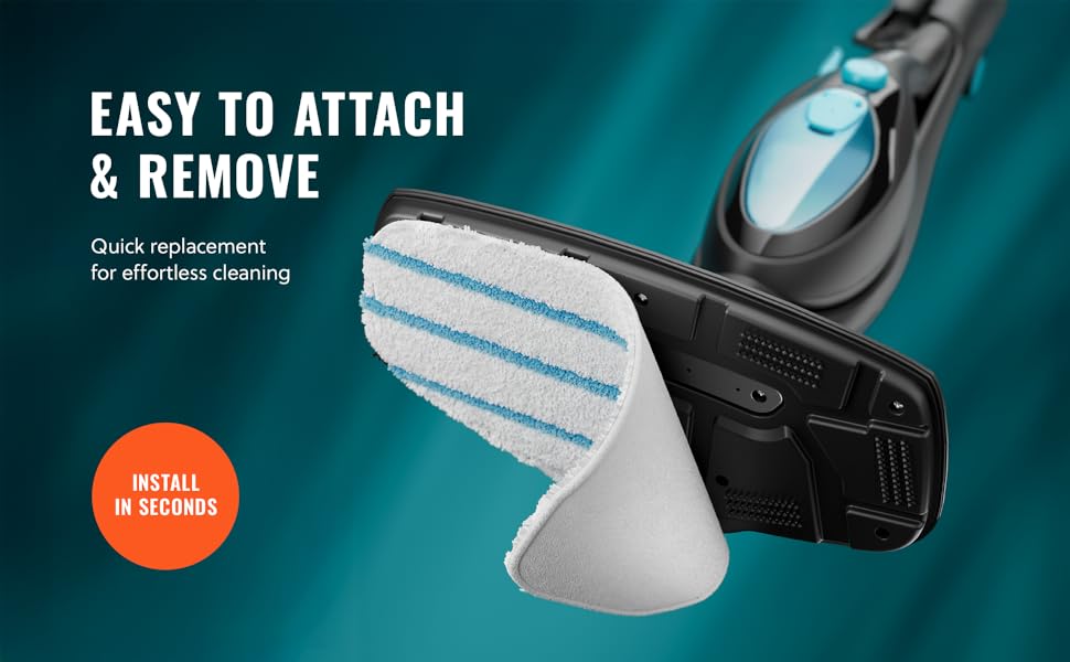Text reads: 'EASY TO ATTACH &amp; REMOVE'. Product image shows white cleaning pad attachment for floor cleaning device against teal background.