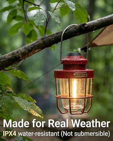 IPX4 Waterproof Red Lantern, Rainproof Outdoor LED Camping Light, Weather-Resistant Metal Lamp.