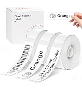 Text reads 'Direct Thermal Label' and 'Orange'. Multiple rolls of white thermal labels with barcode printing, shown with product box.