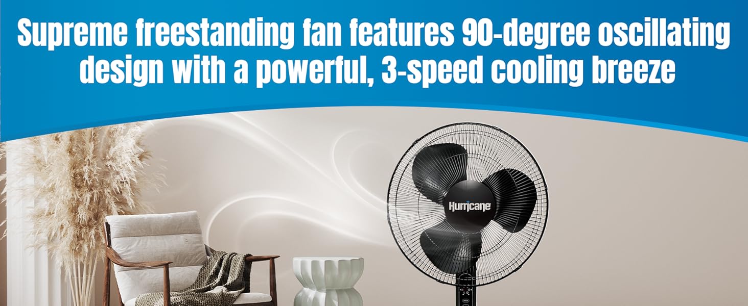 Hurricane Supreme 16" 3 Speed Oscillating Stand Pedestal Fan with Remote, Black