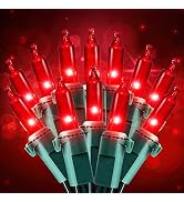 Hopolon 50 Red Christmas Lights, 2PACK Green Wire 13 Feet Long String Lights Set for Outdoor Indo...