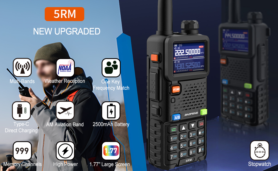 BAOFENG 5RM 10W Ham Radio Multi-Band Two Way Radio NOAA Weather Receiver Handheld Walkie Talkies