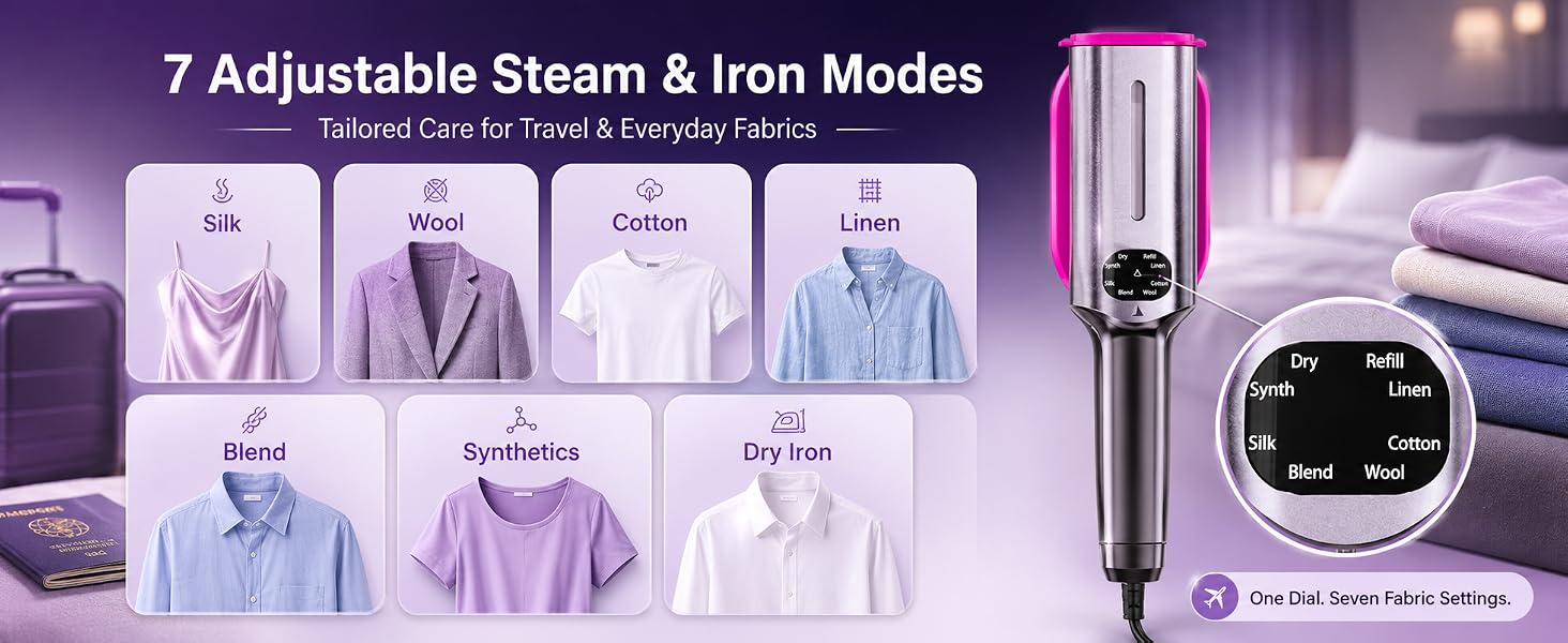7 adjustable steam and iron modes, tailored care for travel and everyday fabrics