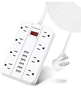 15 Ft Long Extension Cord Power Strip Surge Protector, HUNIAN Flat Plug with 8 Widely Spaced Outl...