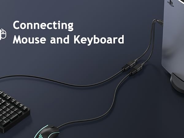 Computer setup illustration showing keyboard and mouse connection icon against dark blue background, with line art style peripherals and connection cables.