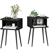Black Nightstand Set of 2, Small Bed Side Table for Small Spaces, Mid Century Modern Nightstand E...