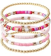 GOOJIDS Surfer Heishi Clay Bead Bracelets for Women Bohemian Stackable Gold Beaded Stretch Bracel...