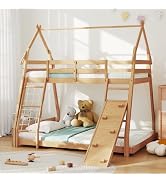 DUMOS Bunk Bed Twin Over Full, House Bunk Bed with Climbing Nets and Climbing Ramp, 82.6'' Hight ...