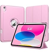 Pink protective tablet case with tri-fold cover and cutout for camera, shown from front and back angles, compatible with iPad Air device.