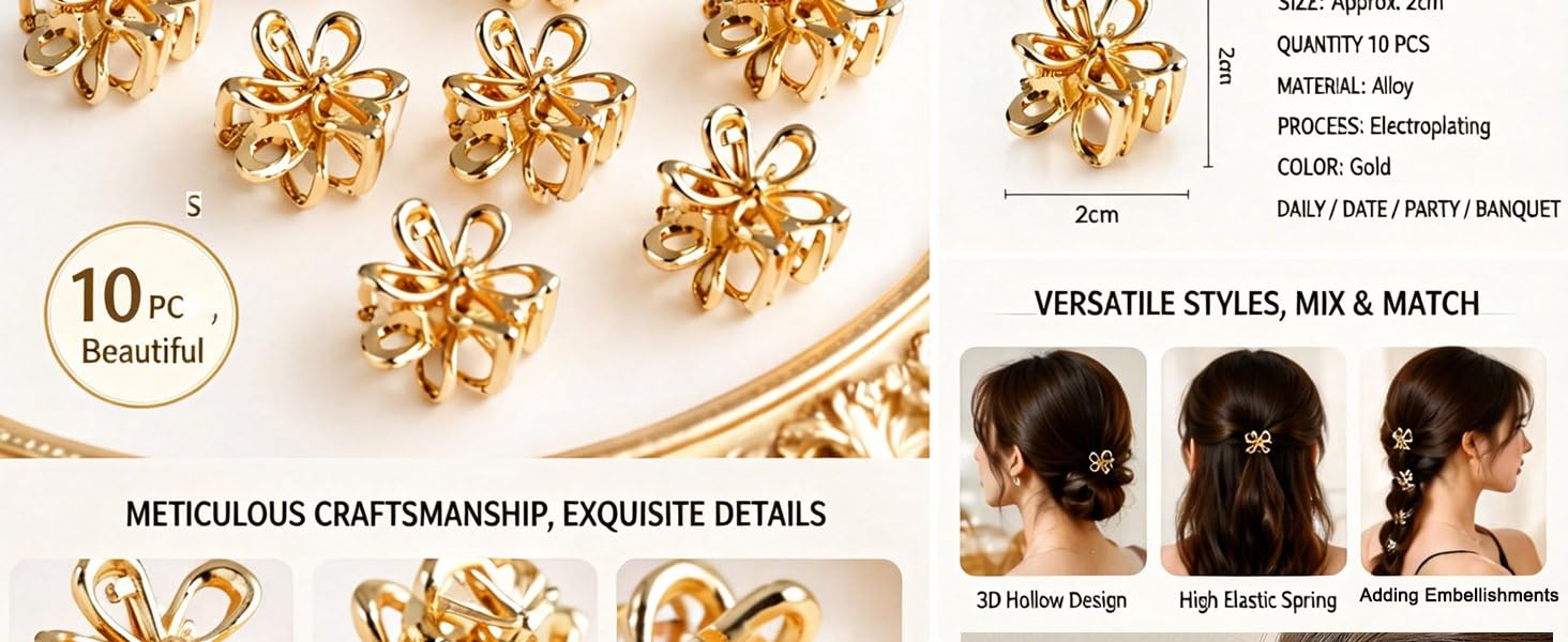Gold Small Flower Hair Clips for Women