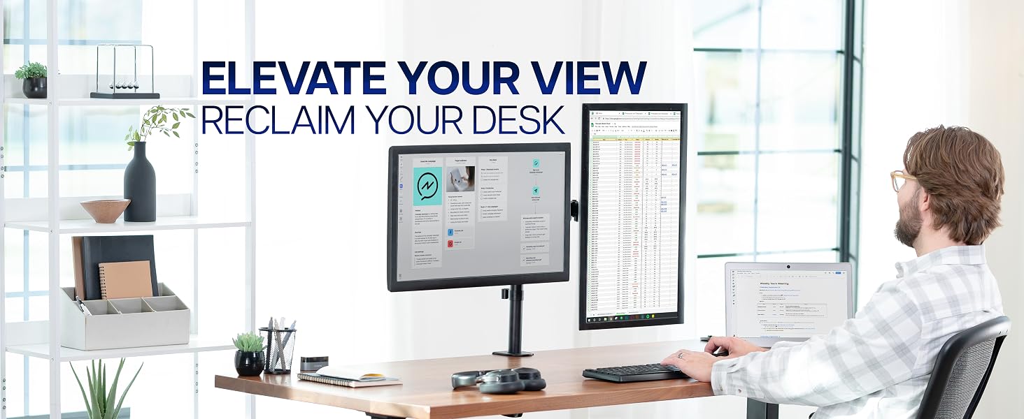 dual monitor mount adjustable desk stand clamp grommet tilt swivel rotate ergonomic setup