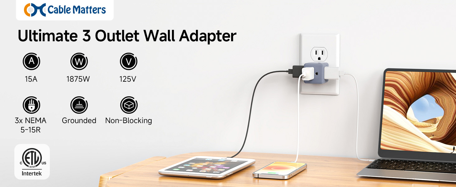 Cable Matters 3 outlet wall adapter, ideal for expanding a single grounded outlet into three