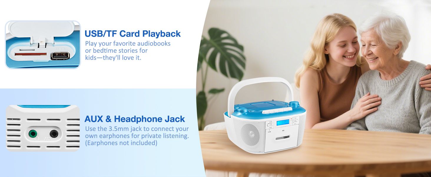 cd cassette tape player usb tf card aux headphone