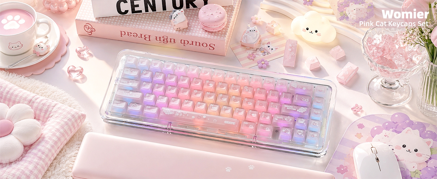 Clear Jelly Keycaps Pink Cat Shine Through Keycaps Crystal Translucent Keycaps
