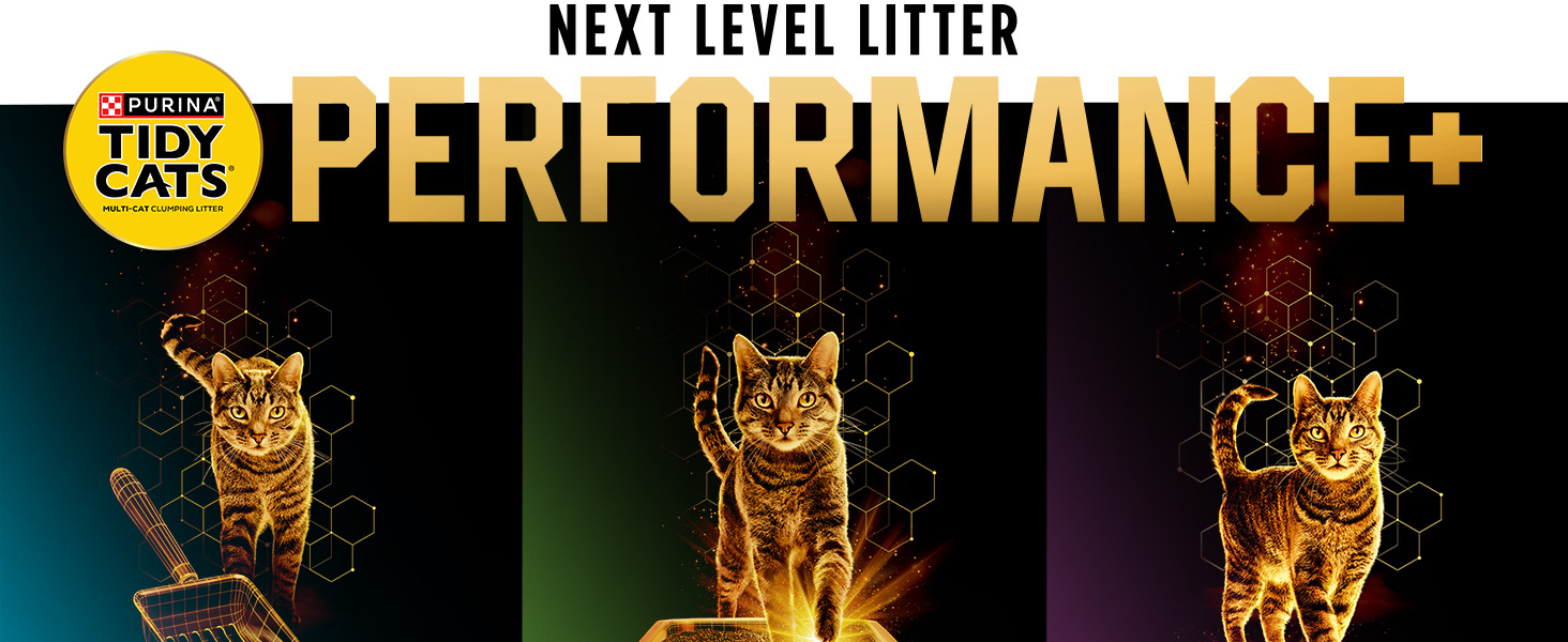 Three gold silhouettes of cats standing next to the three formulas of Tidy Cats Performance Plus. 