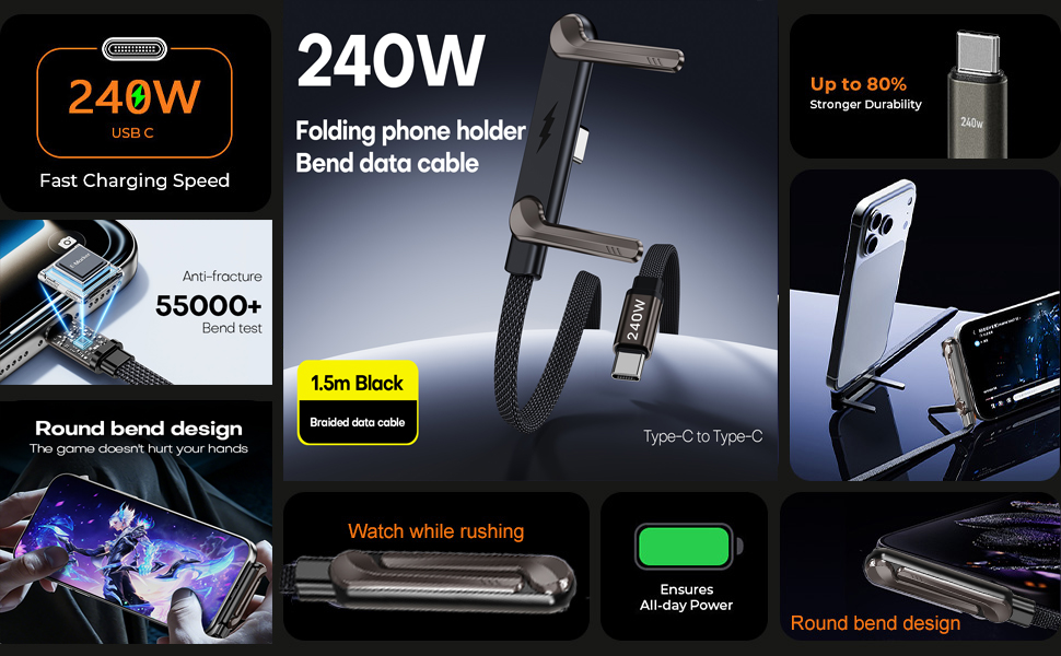 240w braided fast charge cable with built-in phone stand multi charging cable