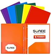 SUNEE 2 Pocket Folders with Prongs (6/Pack, Assorted Color) Plastic Folders with Pockets and Pron...