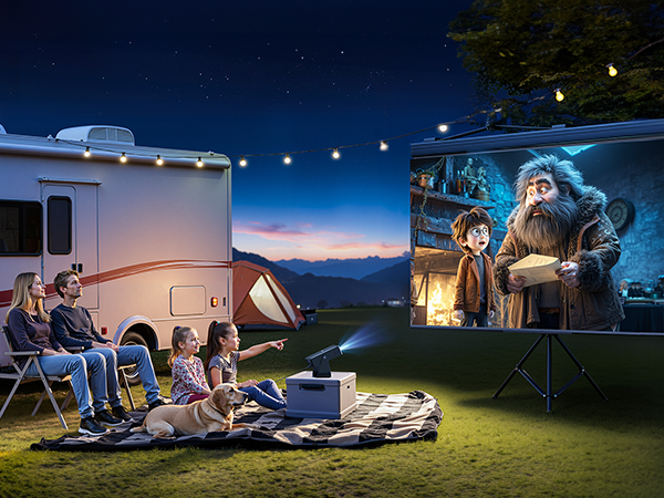 Outdoor nighttime scene showing people gathered around a projected screen display, with camping setup including RVs and chairs under string lights.
