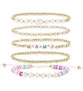 GOOJIDS Tiny Pearl Gold Heart Beaded Bracelets For Women Dainty Gold Plated Pearls Stack Gold Lay...
