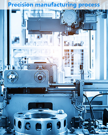 Industrial manufacturing equipment with robotic arms and mechanical components in a precision assembly line setting, highlighted in blue tones.