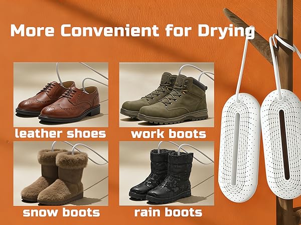 Text reads 'More Convenient for Drying' followed by 'leather shoes', 'work boots', 'snow boots', 'rain boots'. Shows portable shoe dryers and various footwear types with drying inserts.