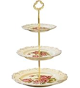 YOLIFE Porcelain 3 Tier Cake Stand, Afternoon Tea Service Ivory Cupcake Tray, Vintage Pink Rose E...