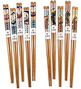 10 Pairs Reusable Bamboo Chopsticks, Samurai&amp;Semo Pattern Natural Bamboo Wood Chopsticks, 8.8Inch...
