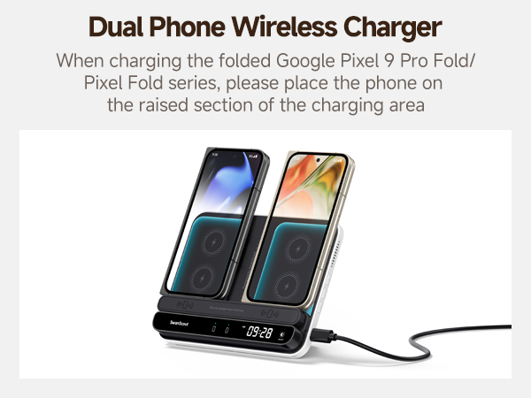 Dual phone wireless charger device showing charging pad with raised section, designed for Google Pixel 9 Pro Fold devices, with USB connection.