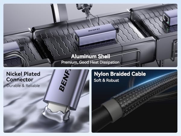 Text reads 'Aluminum Shell', 'Nickel Plated Connector', and 'Nylon Braided Cable'. Technical product images showing cable components and construction details.
