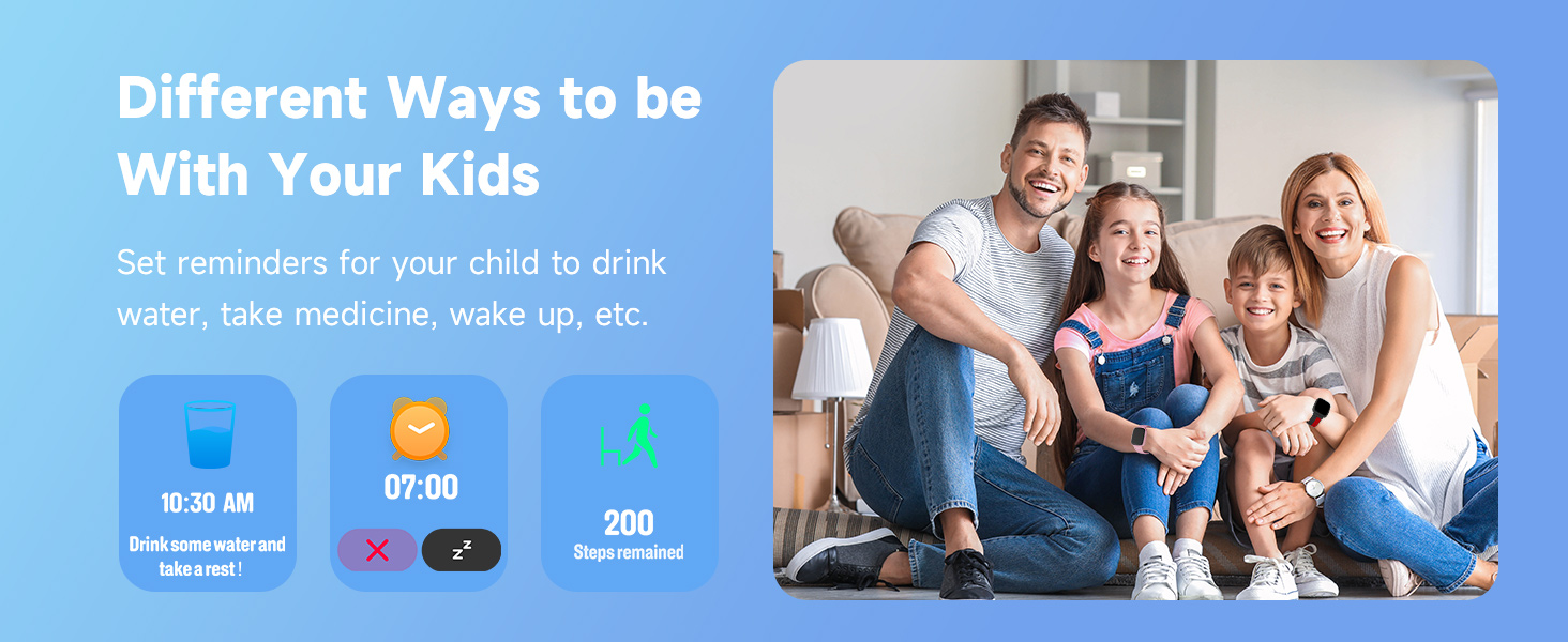 Infographic showing child hydration reminder app. Features include drink scheduling, water intake tracking, and medication reminders for kids' health management.