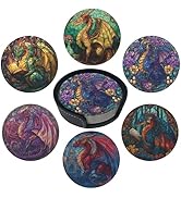 Dragon Coasters Leather Round Drink Coasters 6 Pcs Set with Holderor for Cup Drink Coffee Table B...