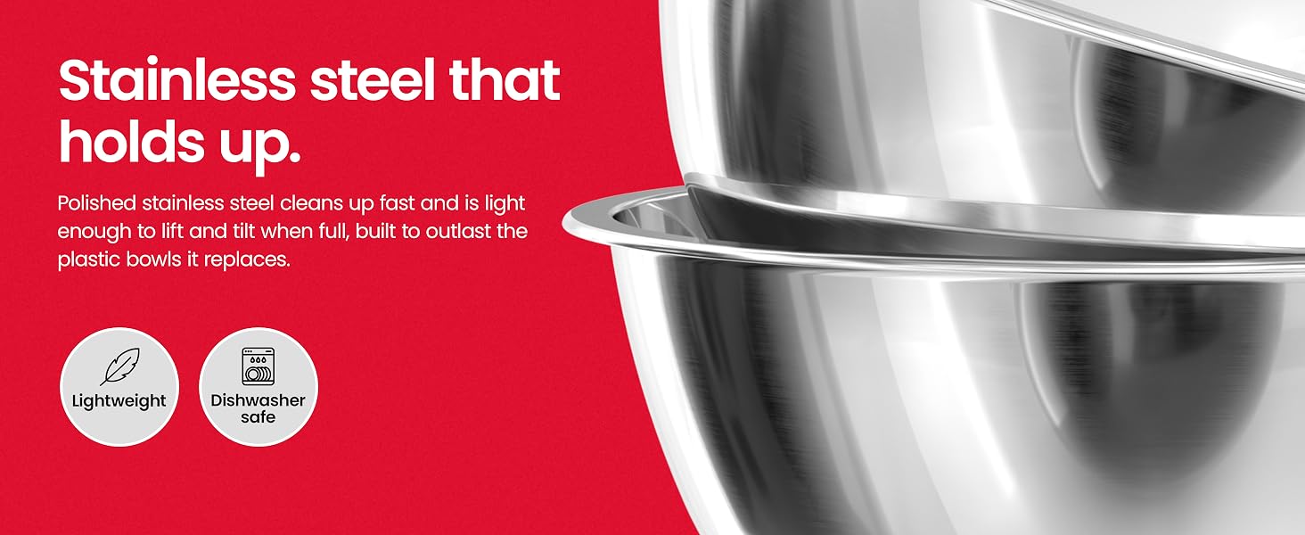 Stainless steel that holds up. Polished stainless steel cleans up fast and is lightweight.